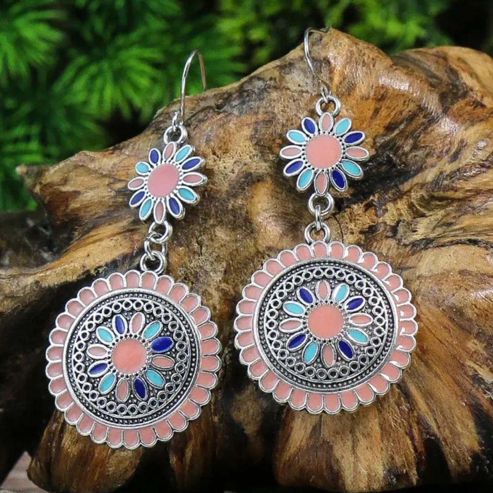💎New Vintage Design Bohemian Sunflower Round Colorful Enamel Earrings